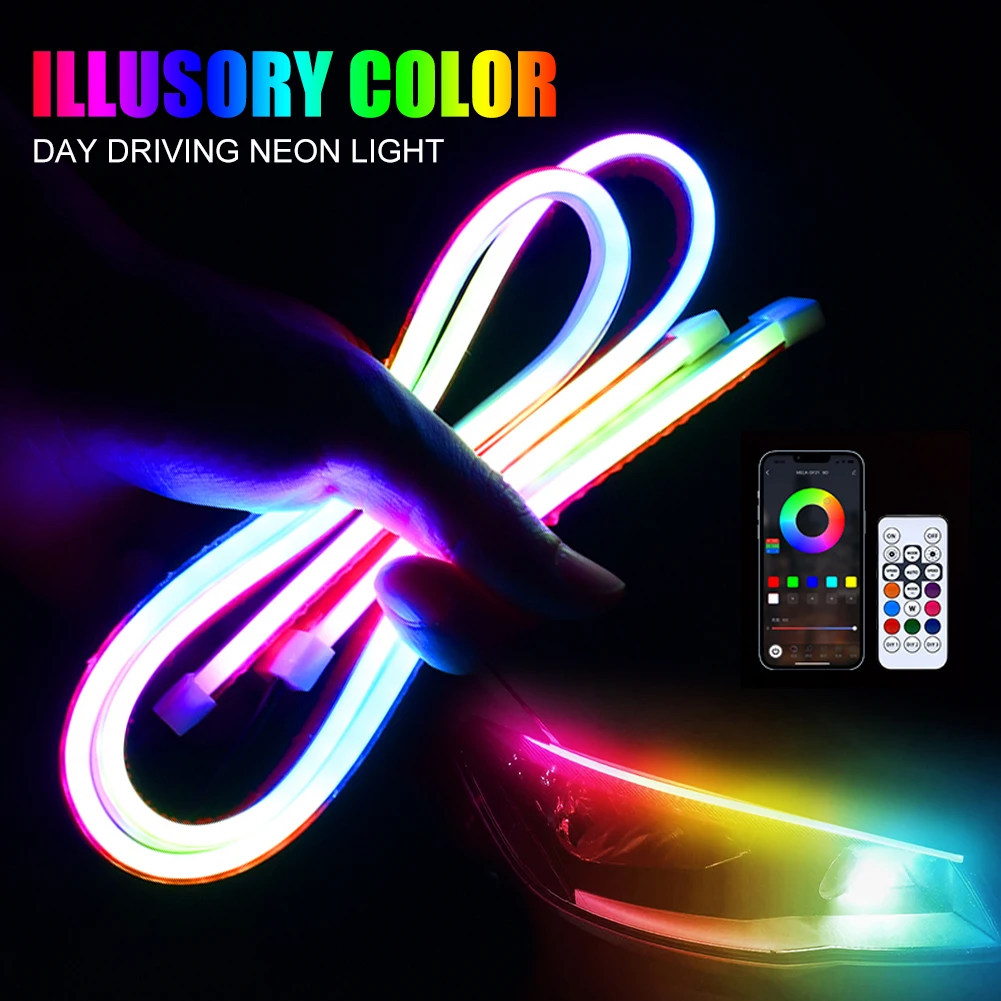 2PCS Car LED Neon Light DRL RGB Daytime Running Light APP&Remote Control Taillight Strip Colorful Flowing Turn Signal Waterproof