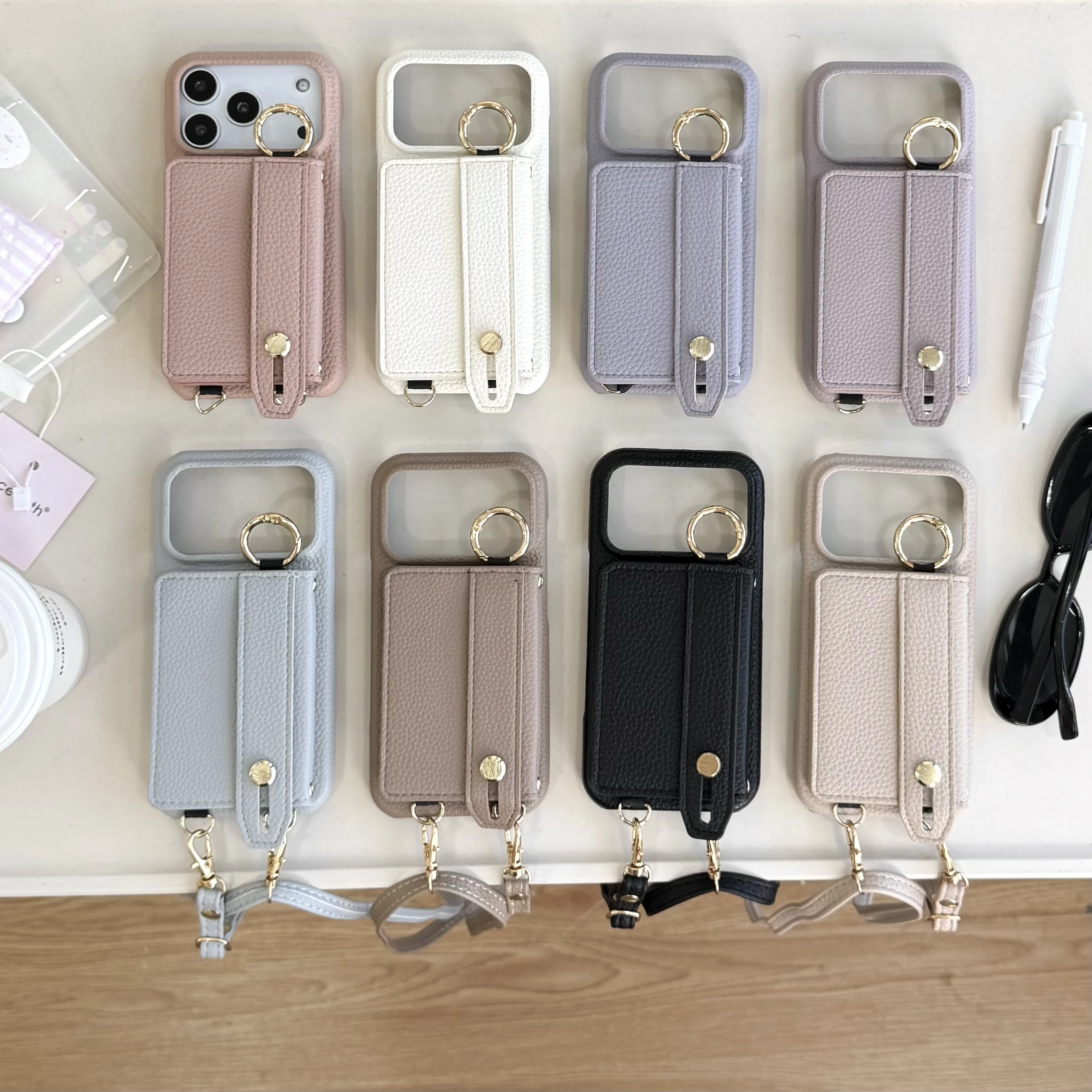 Versatile Leather Wallet Case with Wrist Strap, Crossbody Ring Holder, and Magnetic Closure