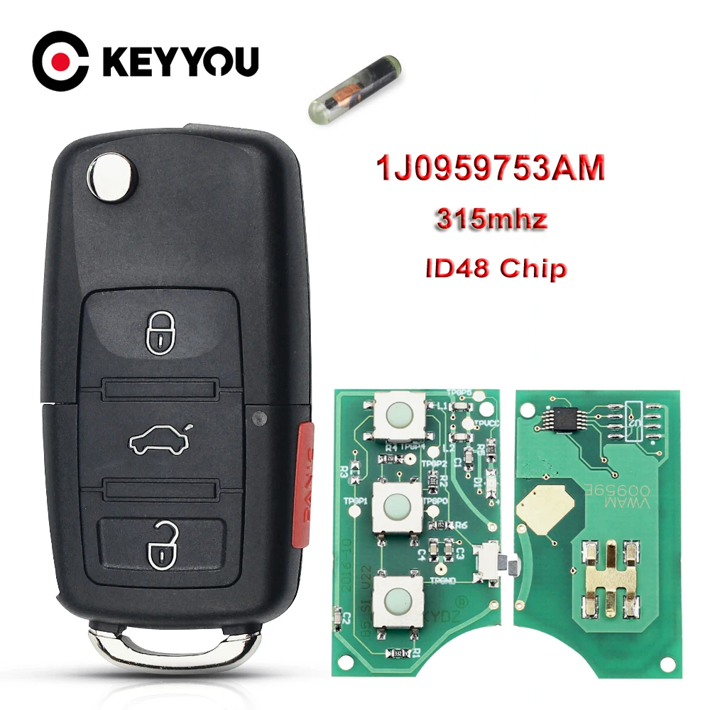 KEYYOU 1J0959753AM Remote Car Key For VW Beetle Golf Passat Jetta 315Mhz ID48 1J0 959 753 AM 5FA008399-30 2000-2006 3+1 Buttons |