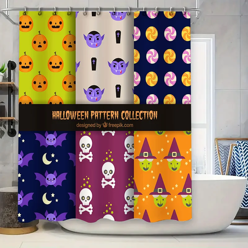 ผ้าม่านอาบน้ําธีมฮาโลวีนที่มีรูปแบบเหมือนผีฟักทองแจ็ค-โอ'-โคมไฟ ค้างคาว ผี หมวกแม่มด ข้าวโพดขนม และอื่นๆ อีกมากมาย! 1