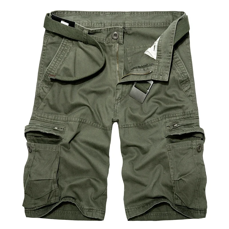 Mens Cargo Shorts Summer Green Cotton Shorts Men Loose Multi-Pocket Homme Casual Bermuda Trousers
