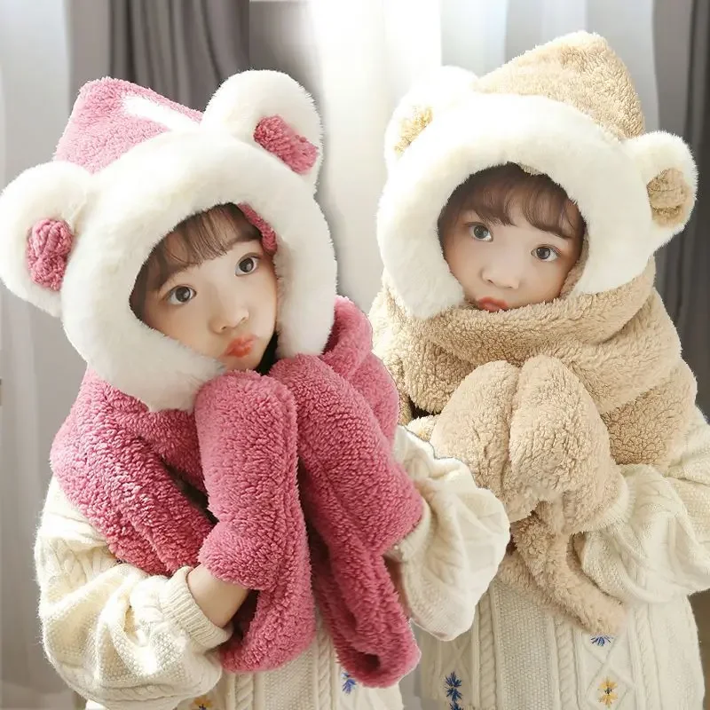 

3 In 1 Hat Scarf Gloves Set Children Cartoon Bear Ear Plush Hood Earflap Cap Winter Warm Girls Boys Beanies Scarves