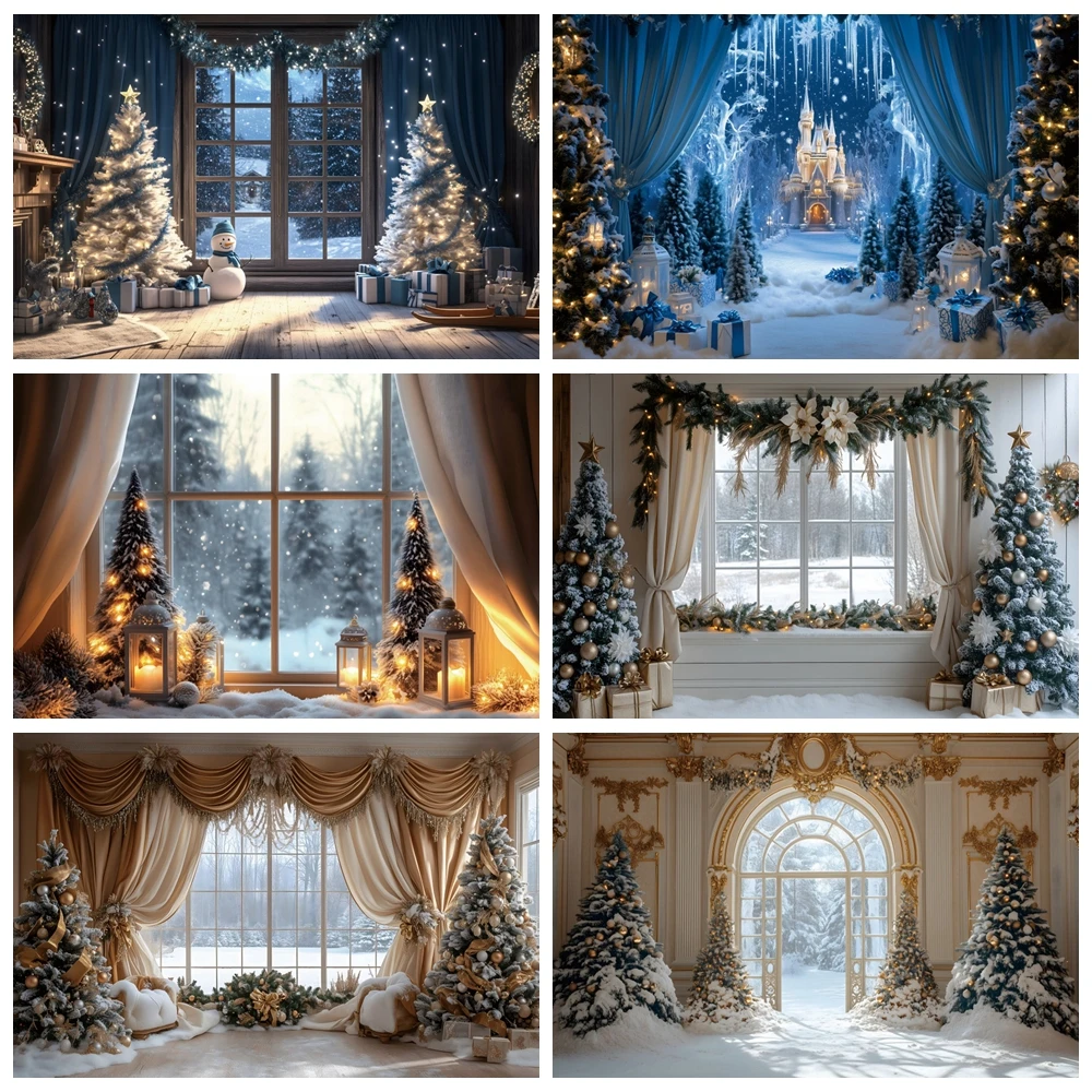Winter Christmas Photography Backdrop Wooden Window Curtain Xmas Tree Decor Adult Child Portrait Photo Background Studio Props