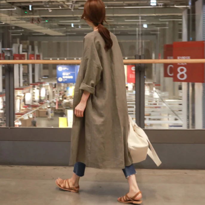 S-2XL Spring Women Cardigan Trench Fashion Long Oversize Cotton Linen Outwear Dresses Loose Coat Female Windbreaker Fall | Женская