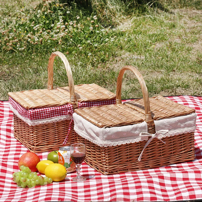 Willow Woven Handbasket Picnic Basket with Lid Picnic Basket Picnic with Handle Picnic Camping Outdoor Hand-held Dining Basket