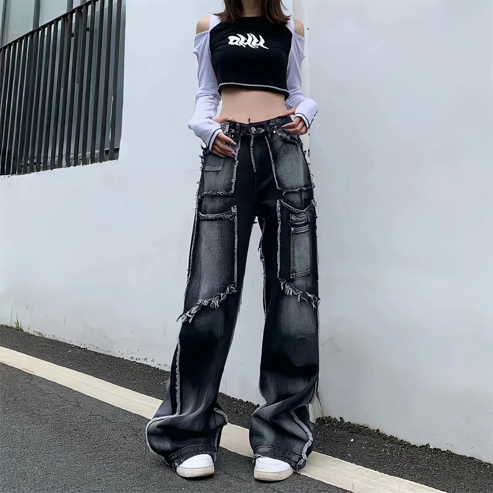 Y2K 2023New Fashion Wide Leg Trousers Vintage Wash Rough Edge Straight Tube Splicing  Multiple Pockets High Street Jeans Unisex