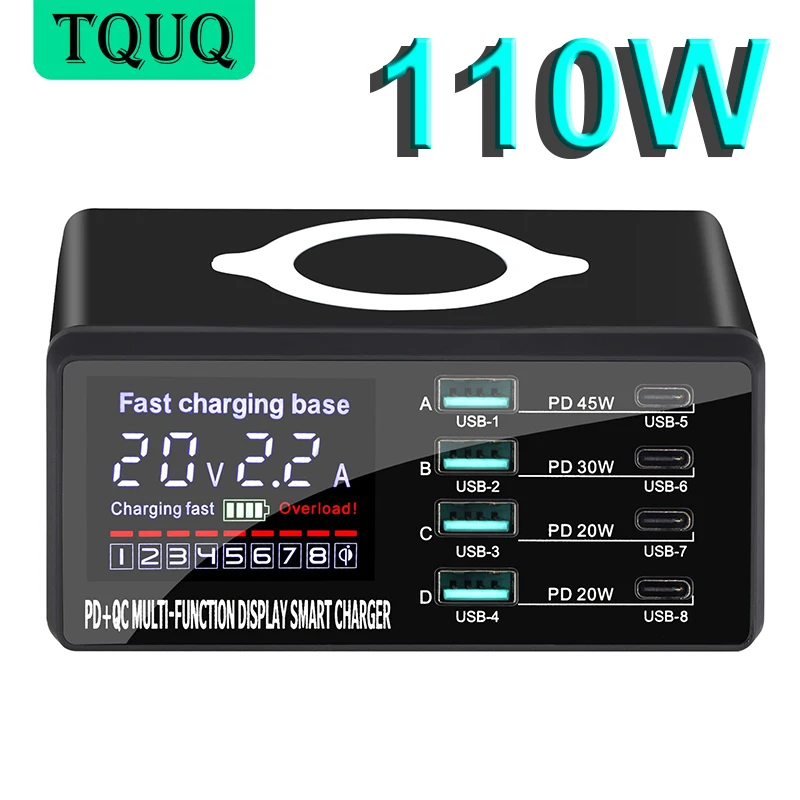 tquq-110w-quick-charge-30-8-port-usb-c-fast-charger-with-lcd-display15w-wireless-charging9-in-1-multiport-charging-station