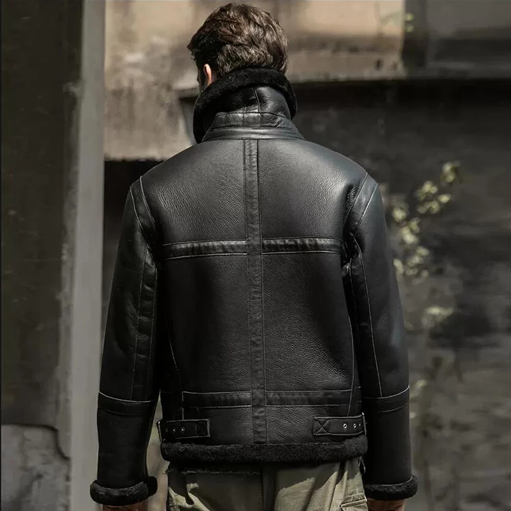 Denny&Dora Mens Short Shearling Jacket Pilot Sheepskin Coat