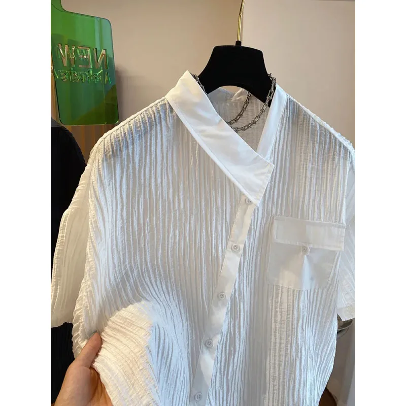 Women's New Summer Solid Color Turn-down Collar Single-breasted Fashion Loose Casual Short Sleeve Unique Pleated Shirt Tops