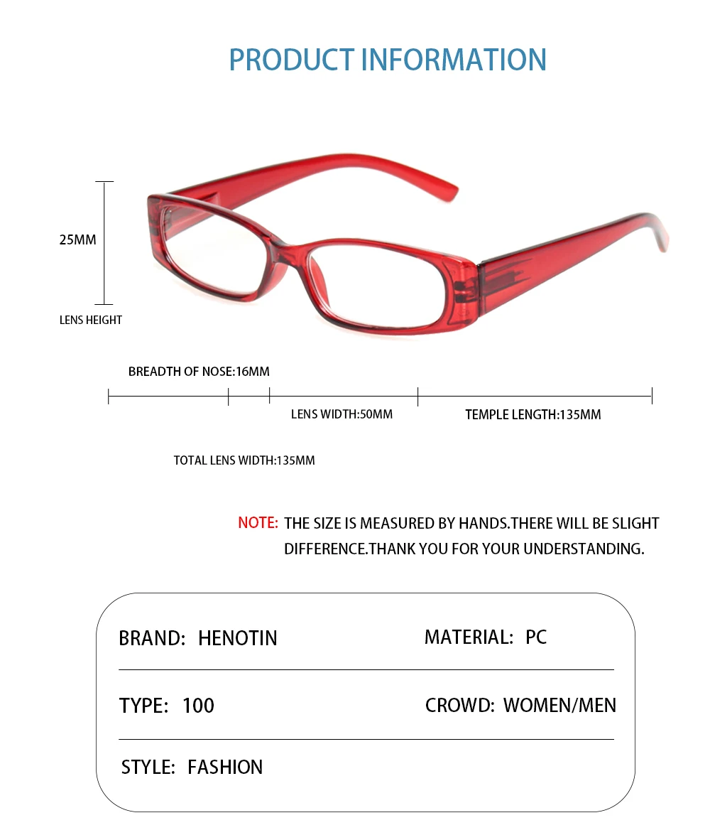 Henotin Reading Glasses Clear Optical Lens Men Women Rectangular Frame Reading Magnifier Including Outdoor Diopter Sunglasses