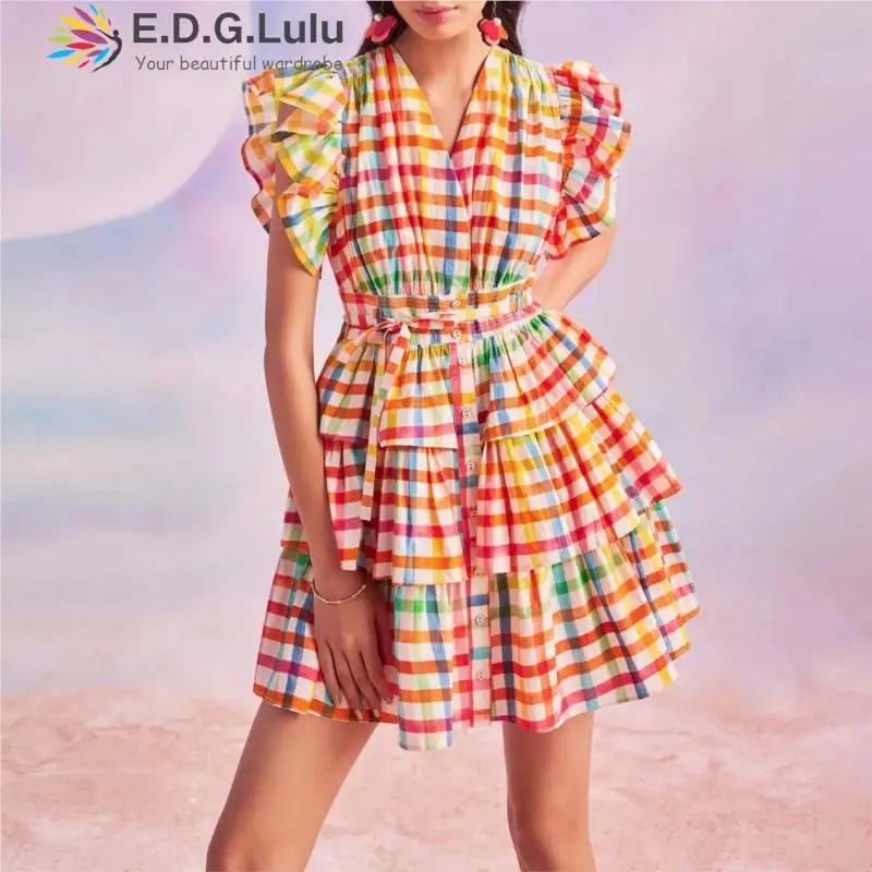 

EDGLuLu Spring Summer V-Neck Flying Sleeves Womens Dresses Beach Leisure Plaid Print Dress Cascading Ruffled mini Dress 0405