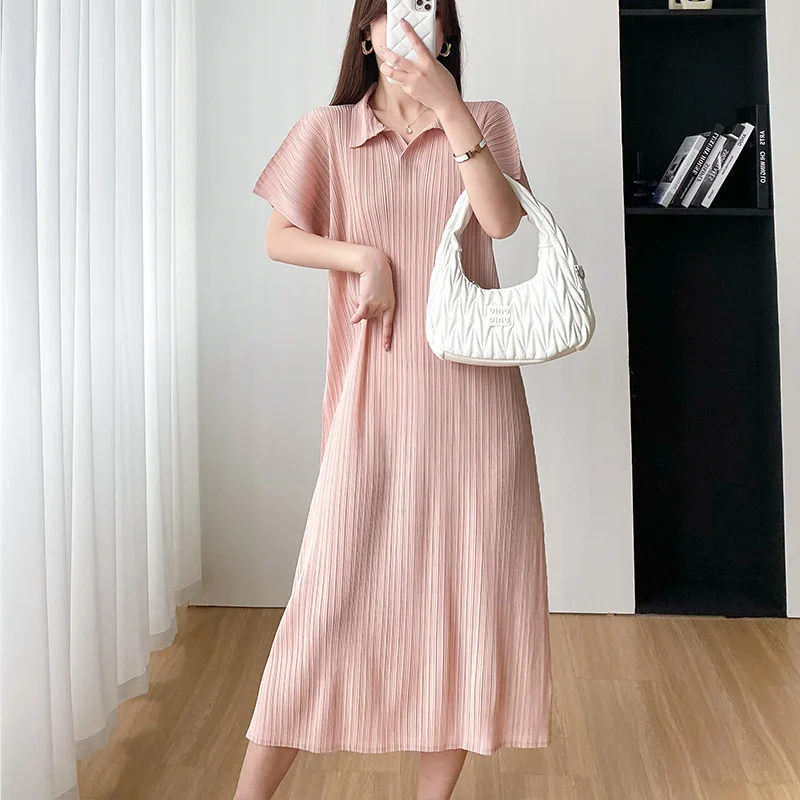 

Miyake High-end Temperament Fashion Dress 2023 Spring New Casual Loose Pleated Comfortable Lapel Simple Summer Dresses Women