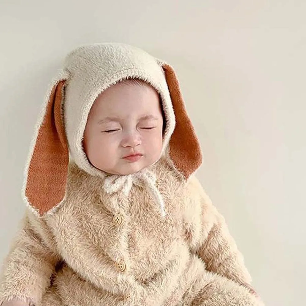 Elastic Children Pullover Cap Trendy Solid Color Rabbit Ear Knitted Hat Soft All-match Brimless Beanie Cap for 1-3 Years Old