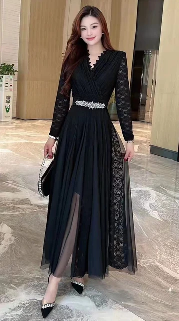 Top Quality New 2023 Spring Long Dress Evening Party Women V-neck Lace  Tulle Mesh Patchwork Long Sleeve Black Maxi Dress Luxury - Dresses -  AliExpress