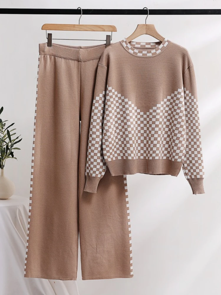 

New Autumn Winter Women's Sweater Pant Sets Casual 2 Piece Sets Womens Outfits Knit Pullover Tops Wide Leg Pants Suit Streetwear