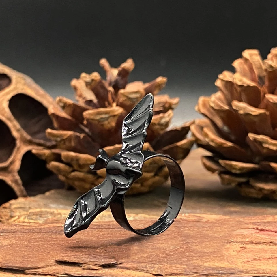 Gothic Bat Finger Ring - Adjustable Open Wing Design, Alloy Metal, For Halloween, Cosplay, Goth Fashion, Men & Women (1.3 Inch)