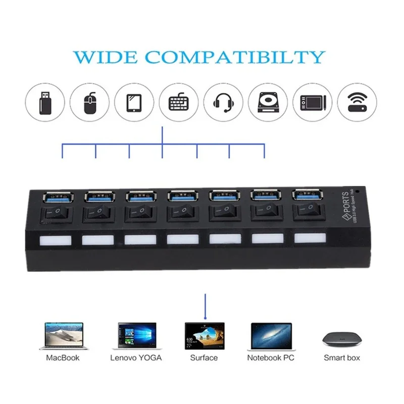USB Hub GRWIBEOU USB 3.0 Hub Use Power Adapter Multi Splitter 7 Port Multiple 3 Hab Expander with Switch for PC