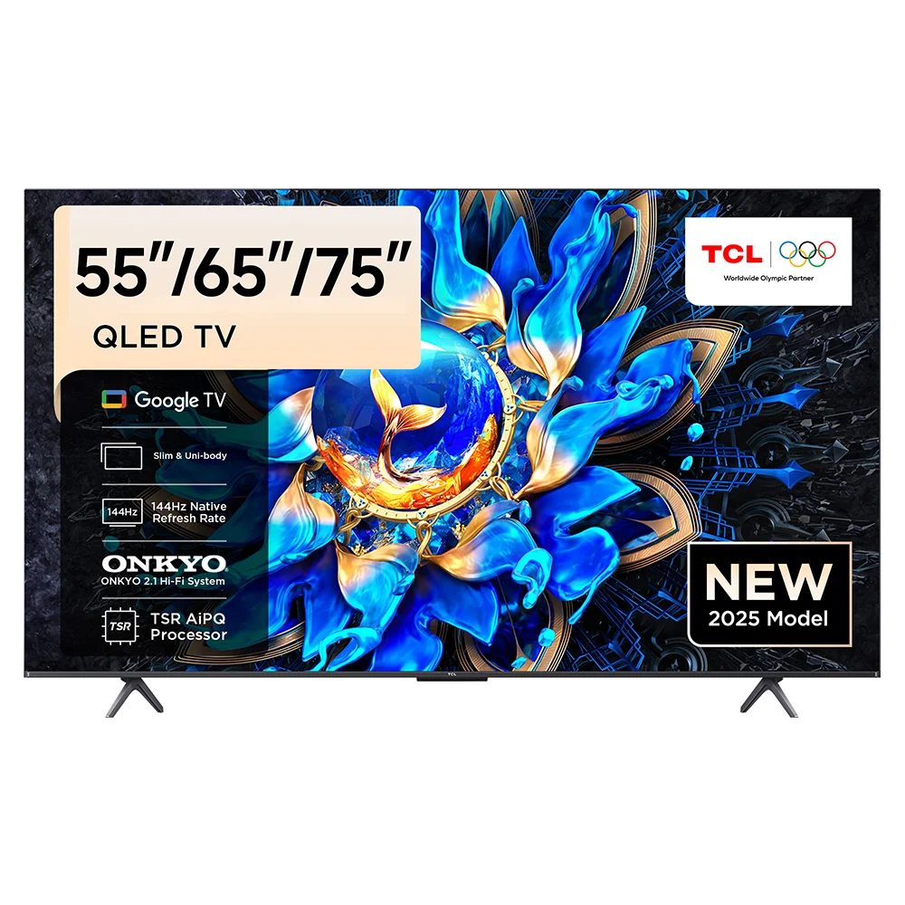 تلفزيون TCL T8C/P8K مقاس 55''/65''/75'' بتقنية QLED، نظام صوت ONKYO 2.1، معدل تحديث أصلي 144 هرتز، نظام صوتي عالي الدقة، معالج AiPQ Pro، لوحة HVA، تصميم نحيف وذو هيكل موحد