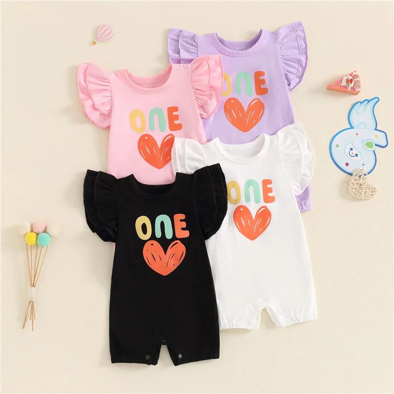 

2024-05-05 Lioraitiin Cute Baby Girls Jumpsuit, Fly Sleeve Crew Neck Letters Heart Print Birthday Romper Clothes