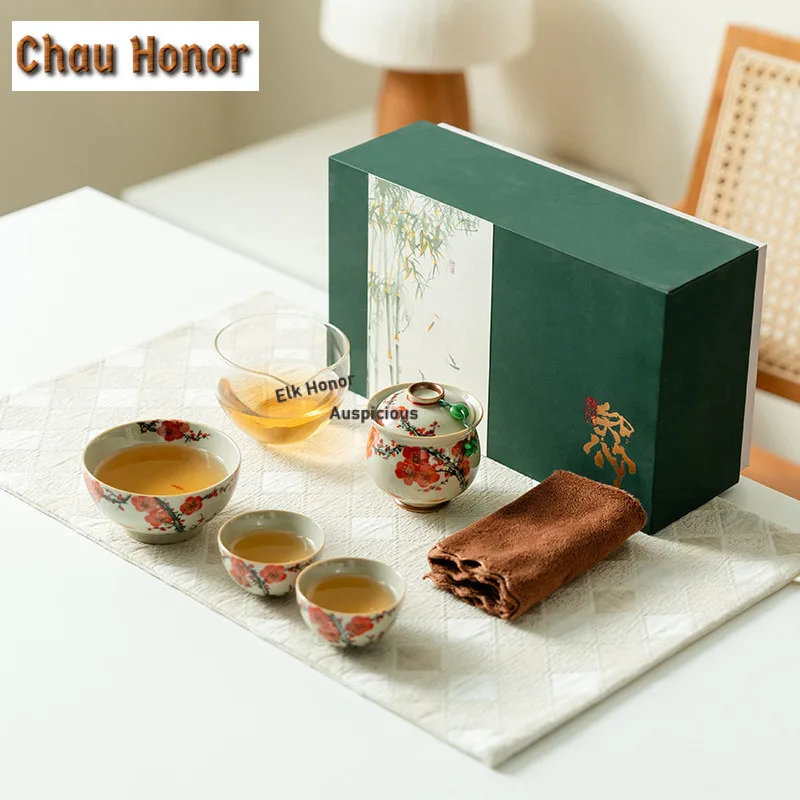 Pure Hand-painted Plum Blossom Tea Set Complete Set Boutique Tea Ceremony Set Teapot and Tea Cup Set Tea Services Decoration