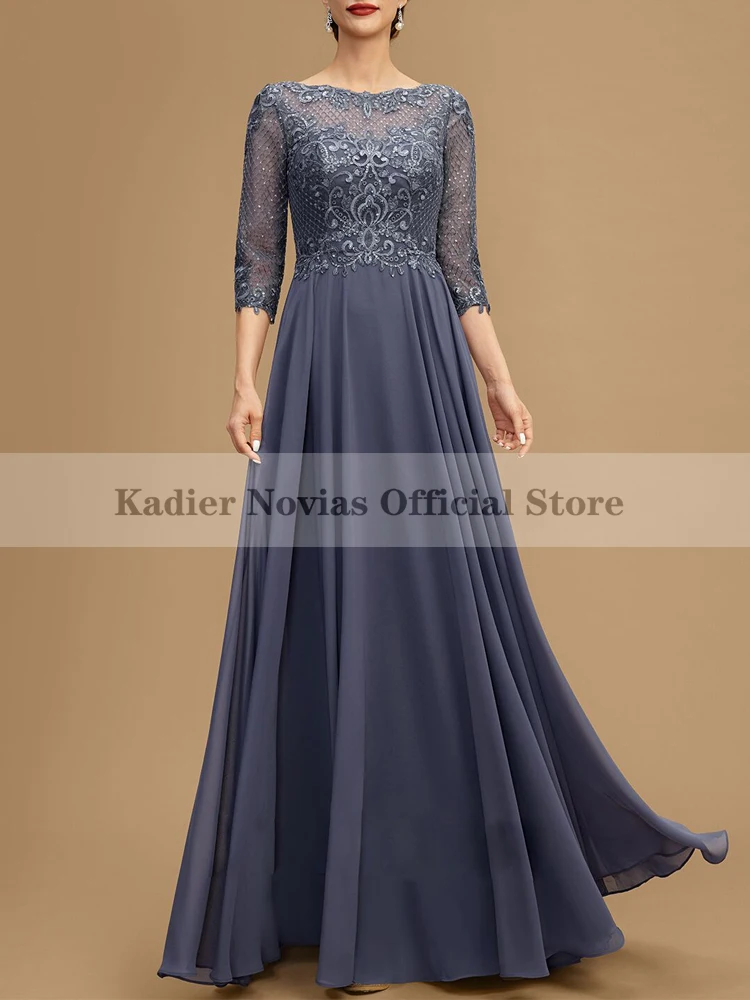 

Kadier Novias Long Blue Chiffon Mother of the Bride Dresses 2023 with Sleeves Women's Dresses for Party Wedding Party Dress