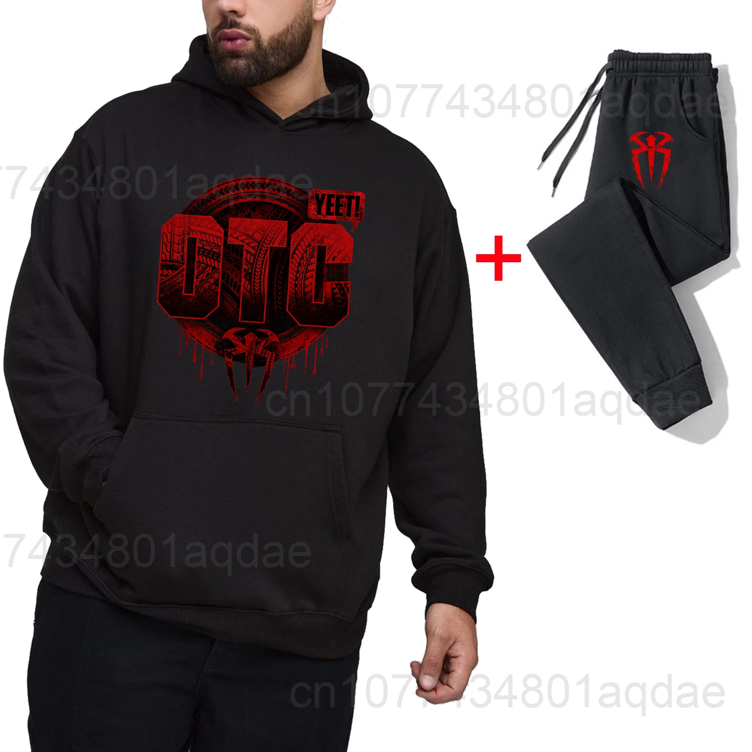 2025 Autumn/Winter New Hot Wrestling Fans Men's Roman Reigns Black pullover casual pants street casual sports fashion black set 6
