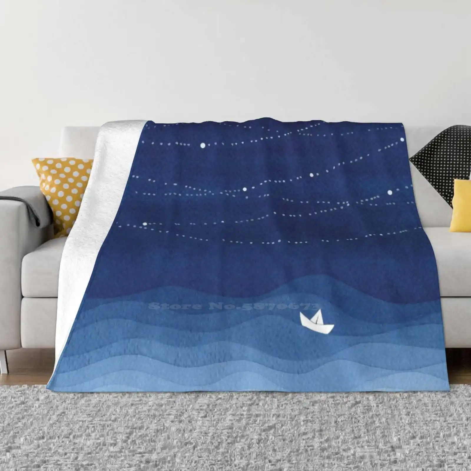 

Garland Of Stars 2 , Blue Watercolor Trend Style Funny Fashion Soft Throw Blanket Sailboat Paper Boat Ocean Blue Stars Travel