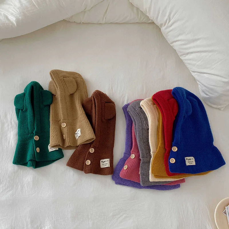 Korean Cute Bear Ear Baby Hooded Hat Winter Warm Knitted Ear Protection Balaclava Cap For Kids Girls Boys One Piece Scarf Cap 5