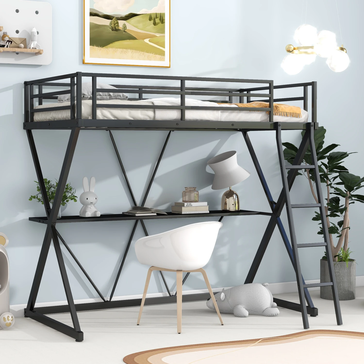 

Twin Size Loft Bed with Desk, Ladder and Full-Length Guardrails, X-Shaped Frame, Black(Old SKU MF297073AAB) desk