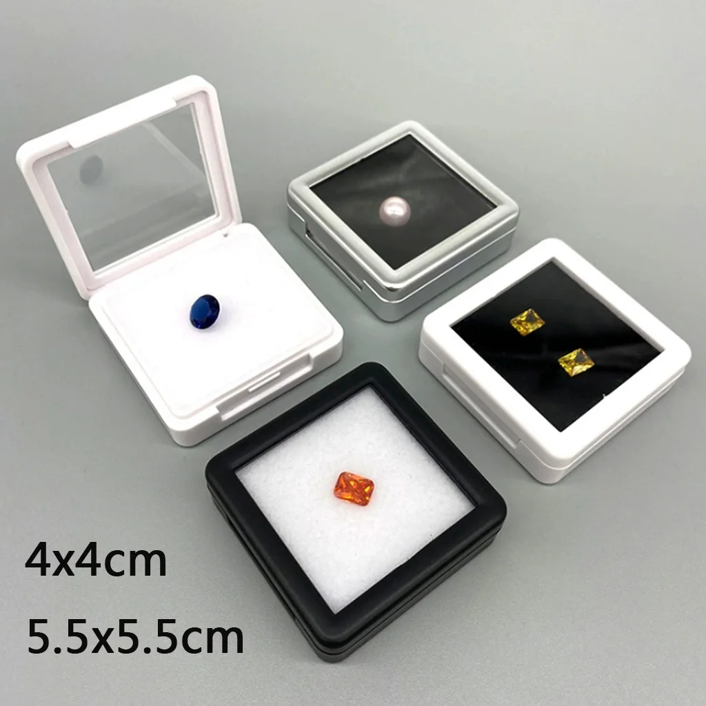 5PCS Square 40*40 55*55mm Flip Gem Display Box Jewelry Acrylic Storage Gemstone Case Packaging White Black Sponge Cushion