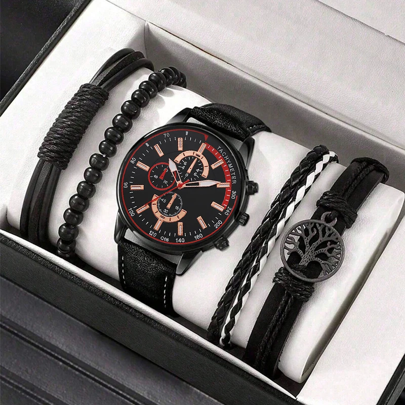 5PCS Set Fashion Mens Business Watches For Men Black Tree of Life Hand Rope Luxury Man Sport Casual Quartz Watch Reloj Hombre