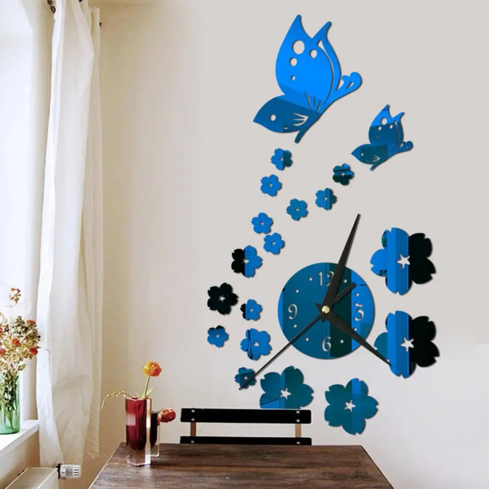 Wall clock self-adhesive battery operated long pointer 4 numbers silent 3D mirror butterfly plum blossom art clock 1 set