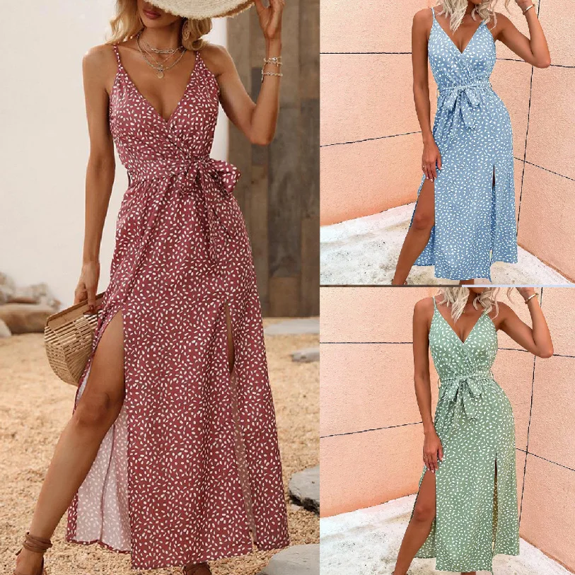 

Summer Floral Print Long Dress Women Sexy Backless Bandage Slit Beach Sundresses Casual Elegant Black V Neck Sleeveless Dress