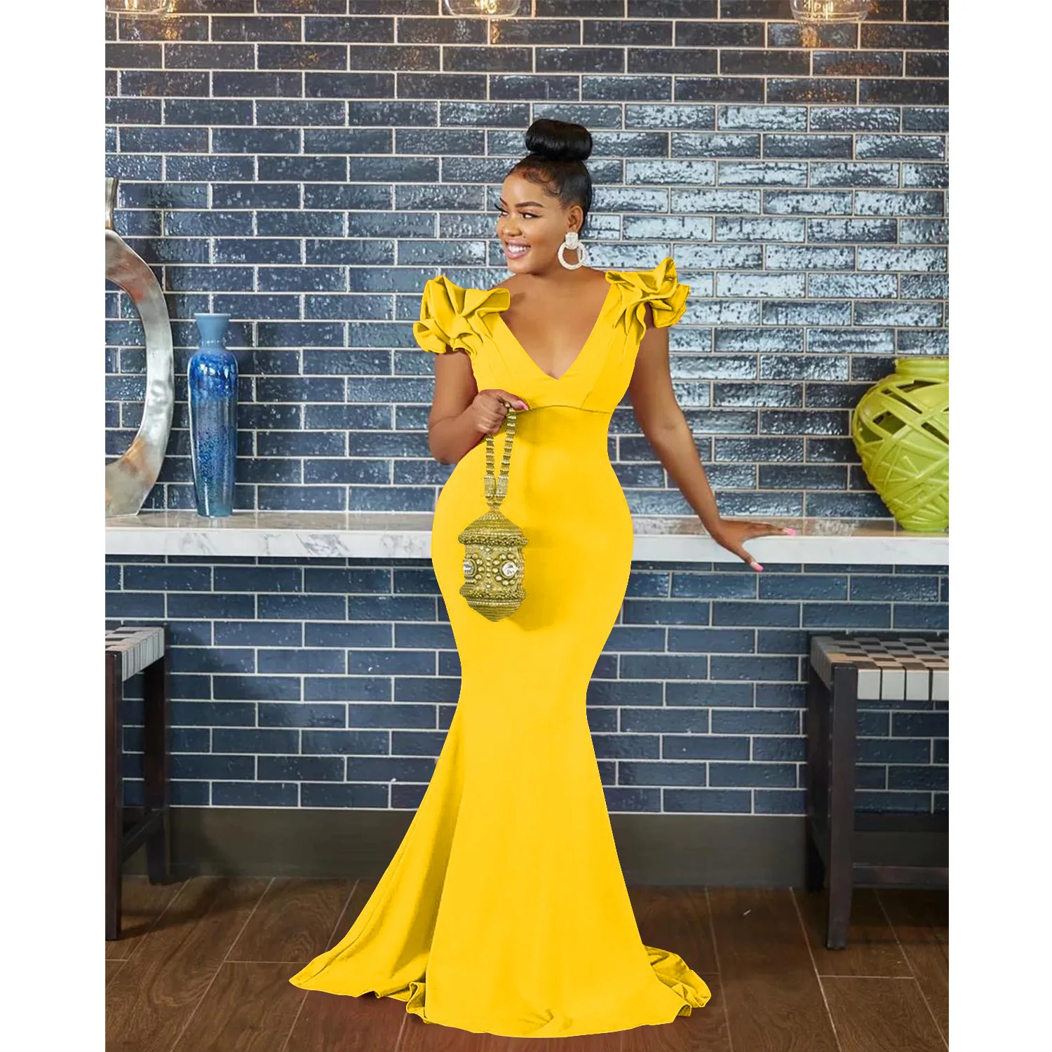 パーティードレス Petal Sleeve Deep V-neck Gown Autumn Fashion Sexy Party Dress Women Elegant Deep V-Neck