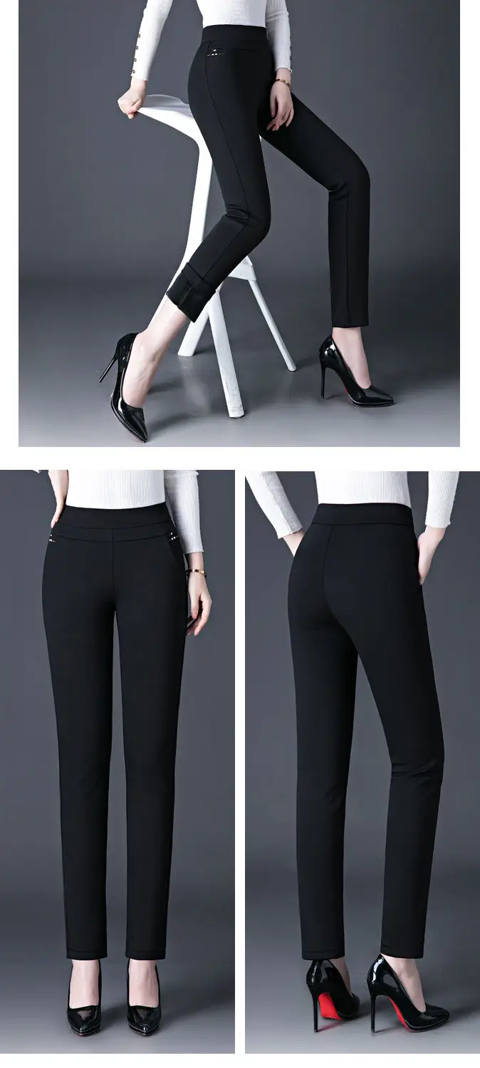 Plus Fleece Thicken Women Trouser Striped With Diamond Straight Pants Autumn Winter Black Commute Elasticity Office Lady Trouser cargo trousers