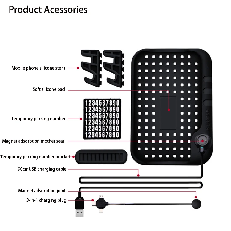 CHIZIYO 3 In 1 Multi-functional Magnetic Charge Silicone Anti-Slip Mat Car Navigation Mobile Phone USB Charger With Parking Card