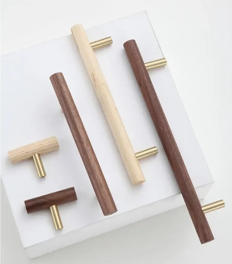 Description Picture 3 of itemNatural Walnut + Brass Furniture Handle Kitchen Cabinet Door Handles Drawer Pulls Wooden Long Handles for Furniture Hardware
