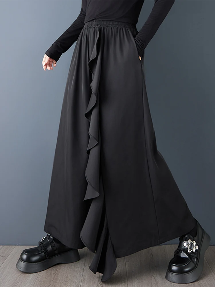 2025 Spring Autumn New Black Vintage High Waist Loose Wide Leg Pants Women Ruffles Casual Ladies Trousers Fashion Streetwear