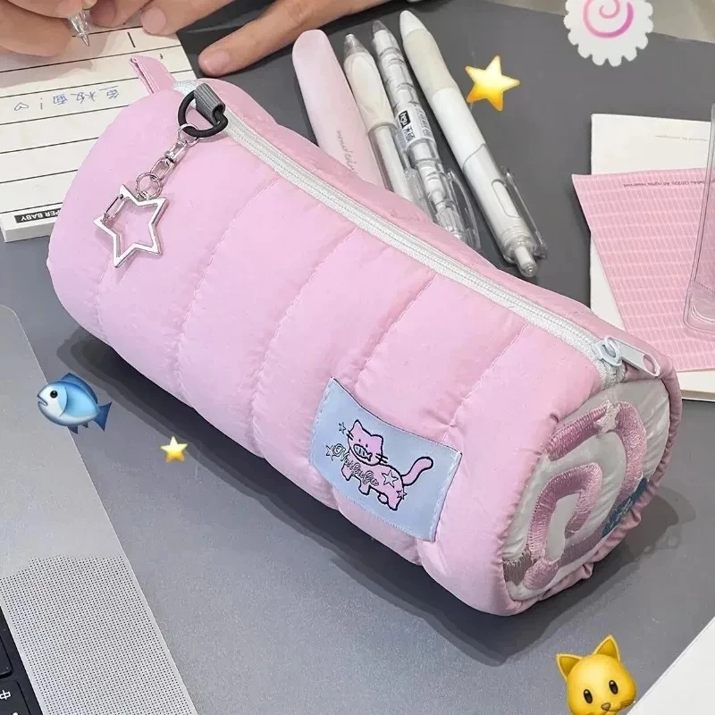 Kawaii Pink Roll-Up Pencil Case & Cosmetic Pouch with Cartoon Design
