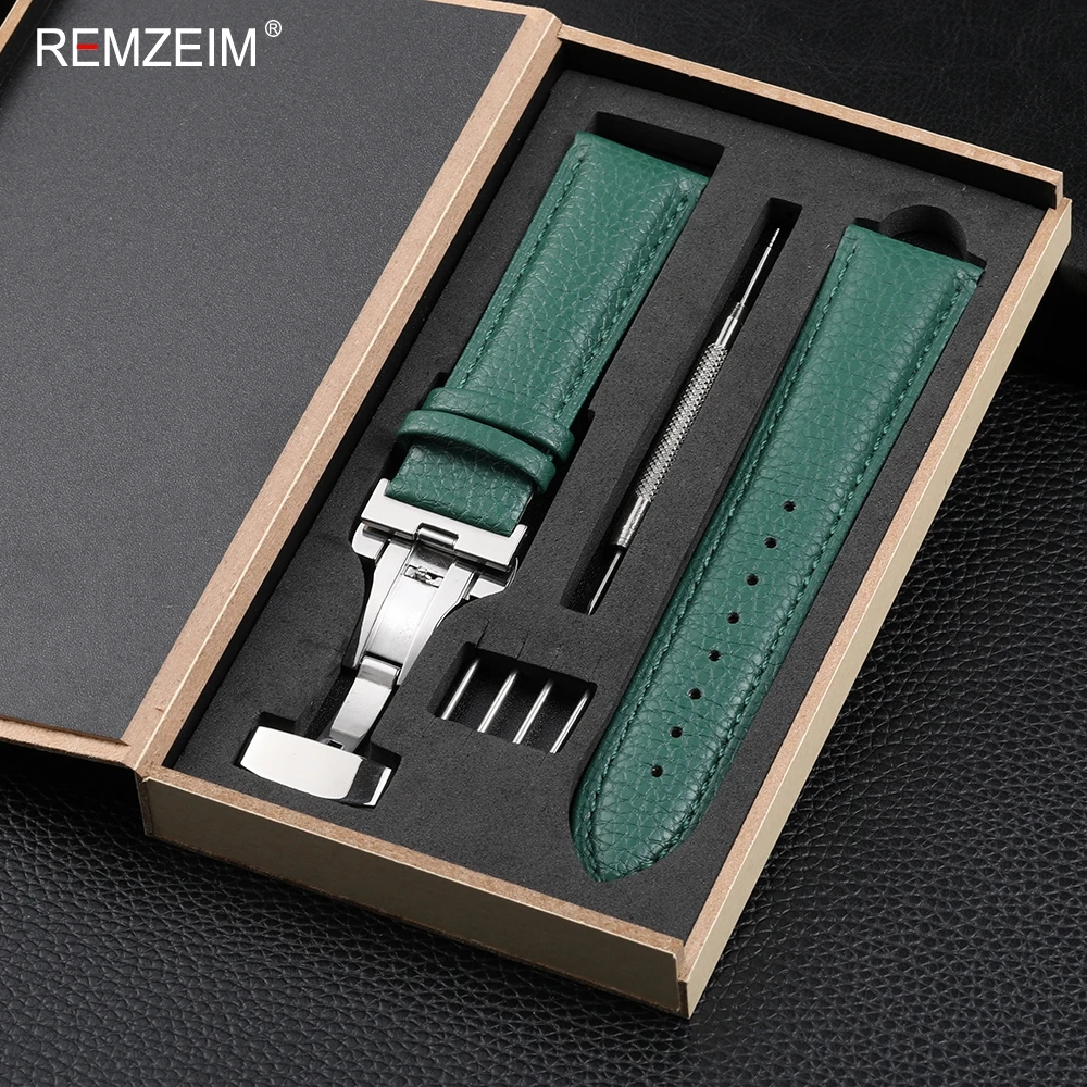 Elegant Litchi Leather Wrist Band with Butterfly Buckle & Gift Box Packaging