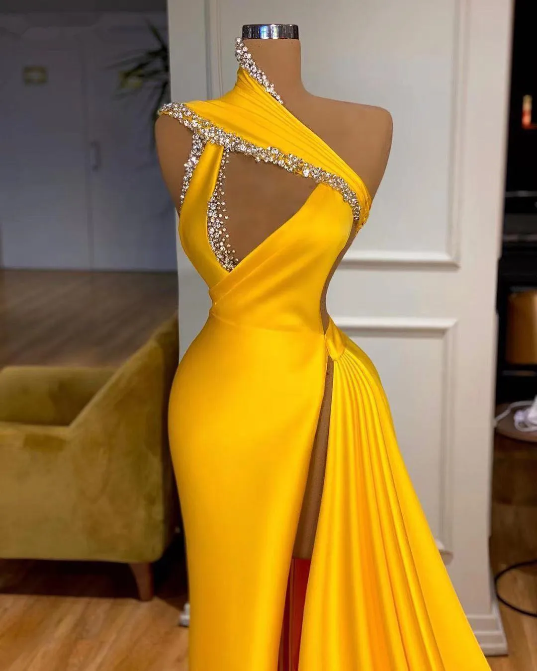 Gold-Prom-Dresses-Mermaid-One-shoulder-Beaded-Slit-Dubai-Saudi-Arabia ...