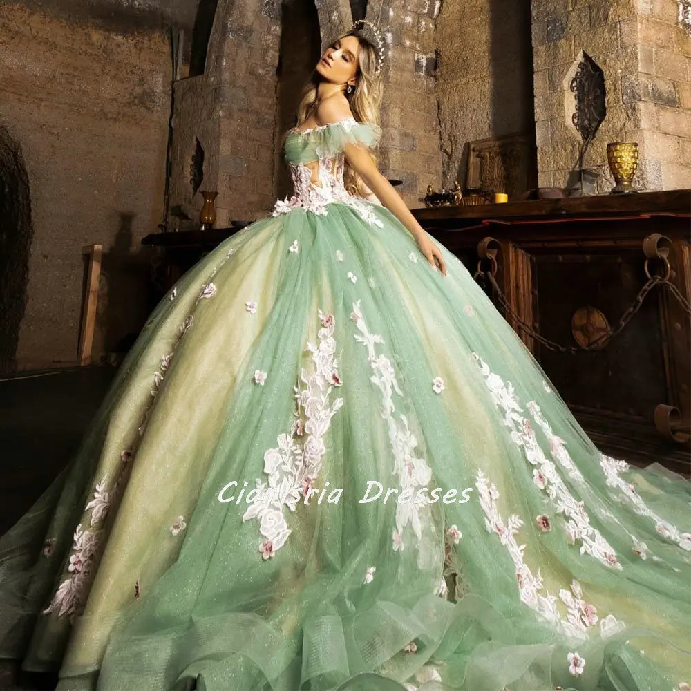 

Sage Green Off The Shoulder Illusion Quinceanera Dresses Ball Gown 3D Flowers Appliques Lace Corset Vestidos Para XV Años