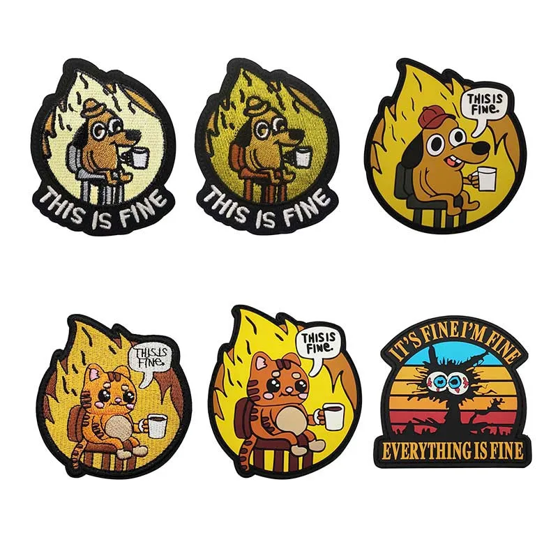 �This Is Fine Meme Funny Dog“, gestickte Applikationsabzeichen für Katzen, taktischer PVC-Aufnäher mit Klettverschluss am Rucksack