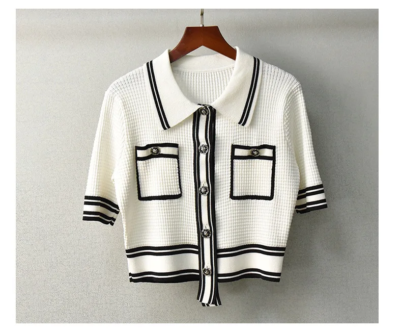 

High Quality Sweaters & Pullovers 2022 Autumn Tops Ladies Turn-down Collar Black White Color Block Knitting Casual Soft Knitwear