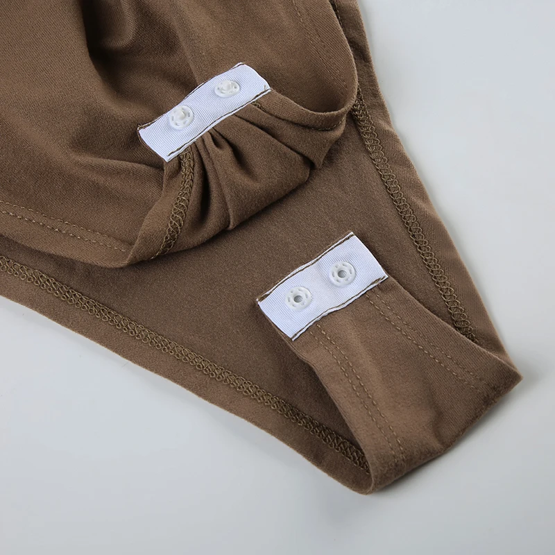 Body marrón con pliegues irregulares para mujer, elegante y chic, de manga larga, ajustado, con cuello redondo, ropa de club sexy para otoño