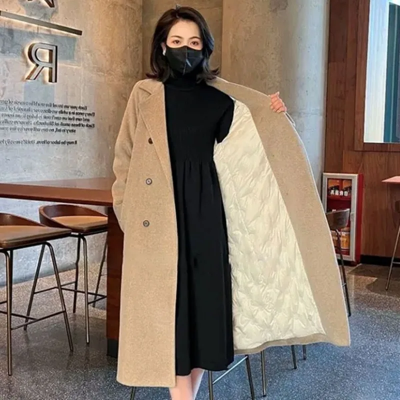 2023 New Korean Style High-End Woolen Coat Women White Duck Down Large Long Outcoat Winter Female Thickened Fleece-Lined Outwear