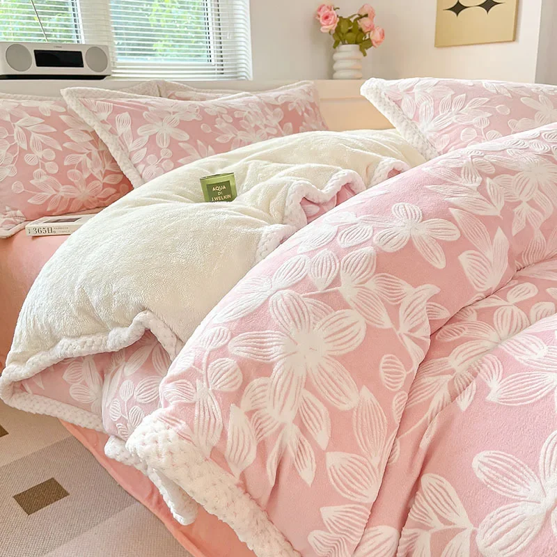 

Winter thickened milk velvet 4-piece coral velvet quilt cover plush warm bed sheet fitted sheet comforter bedding sets