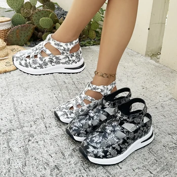 New Women's Floral Print Platform Sneakers Summer Hollow Out Breathable Casual Sport Sandals for Women