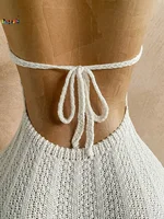 2026Women's Crochet Halter Romper White Hollow Out Backless Slim Fit Knitted Bodysuit for Beach Vacation Summer Festival - Image 4