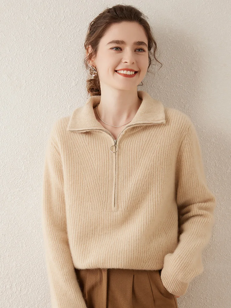 

Women Sweater Autumn Winter Thickened Pullover 100% Cashmere Knitwear Long Sleeve Zipper POLO Collar Casual Warm Knit Shirt
